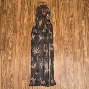 Y2K Size Small Sheer Micro Mesh Camo Army Brat Maxi Dress Beach Cover Up 90s Hot
